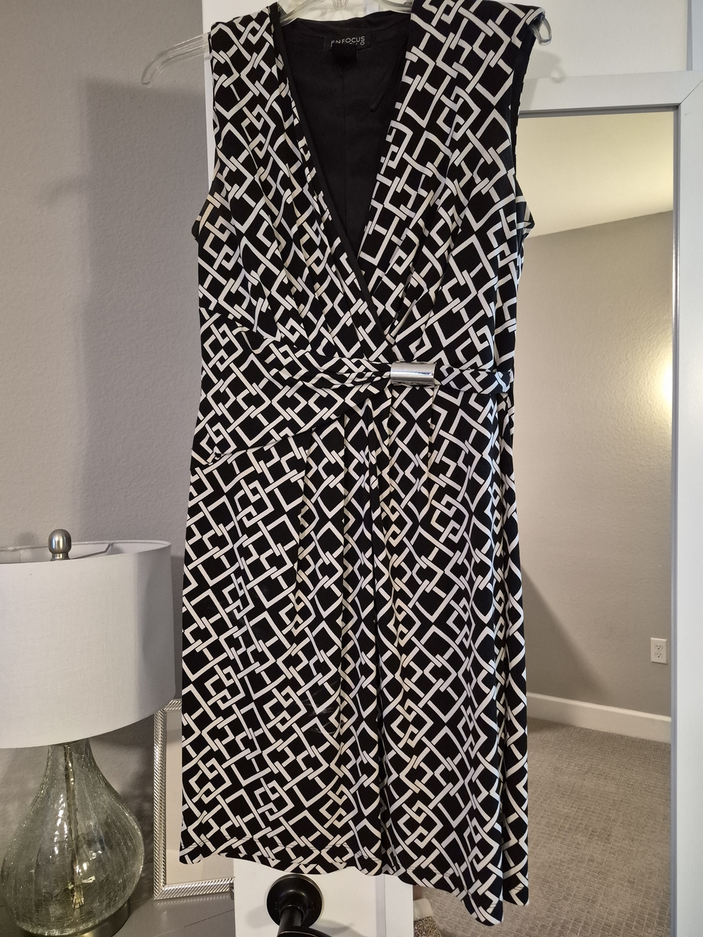 Enfocus STUDIO Black & White Geometric Wrap-Style Midi Dress